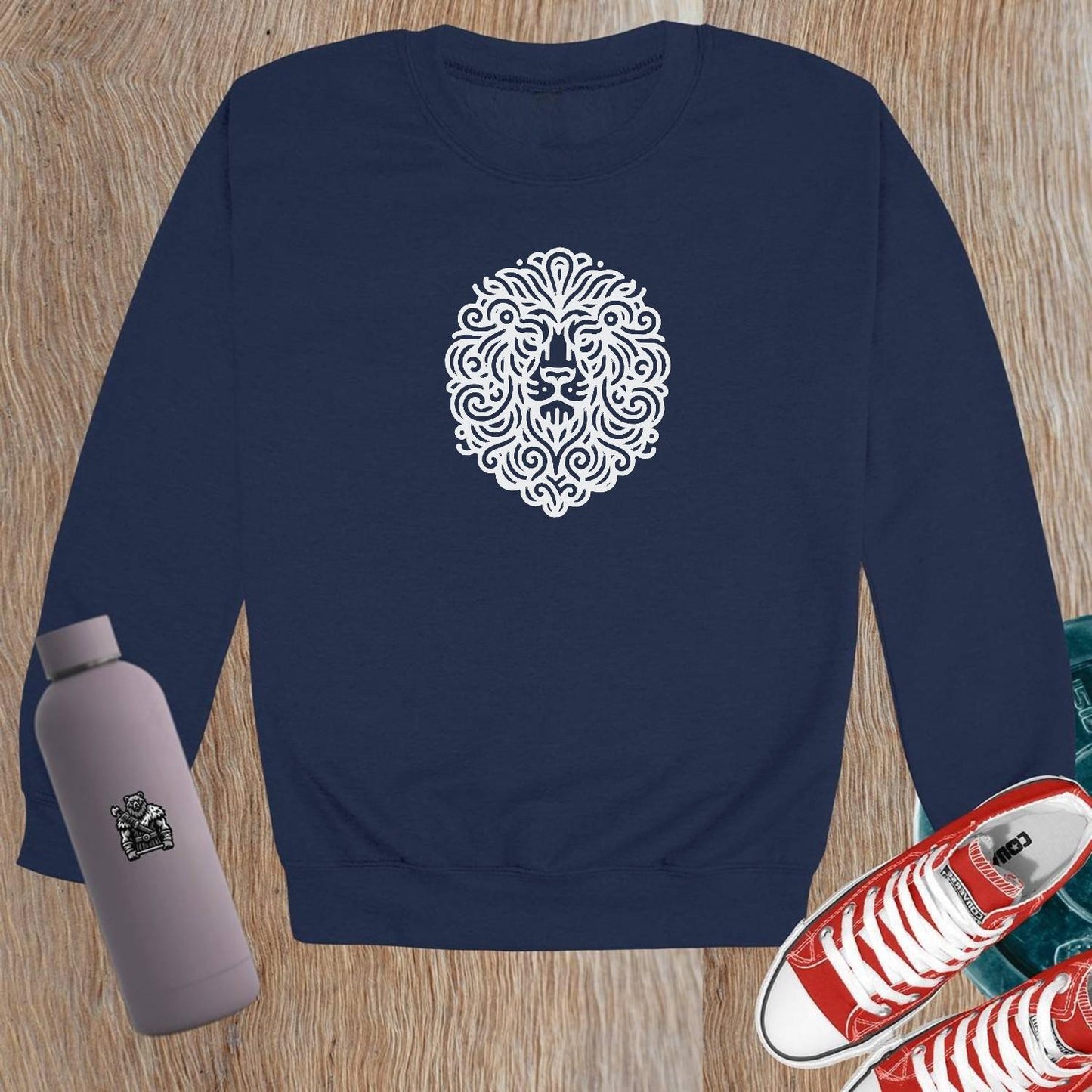 "Graphic lion design crewneck sweatshirt for gym and casual wear. Stylish, comfortable, and motivational apparel for fitness enthusiasts."