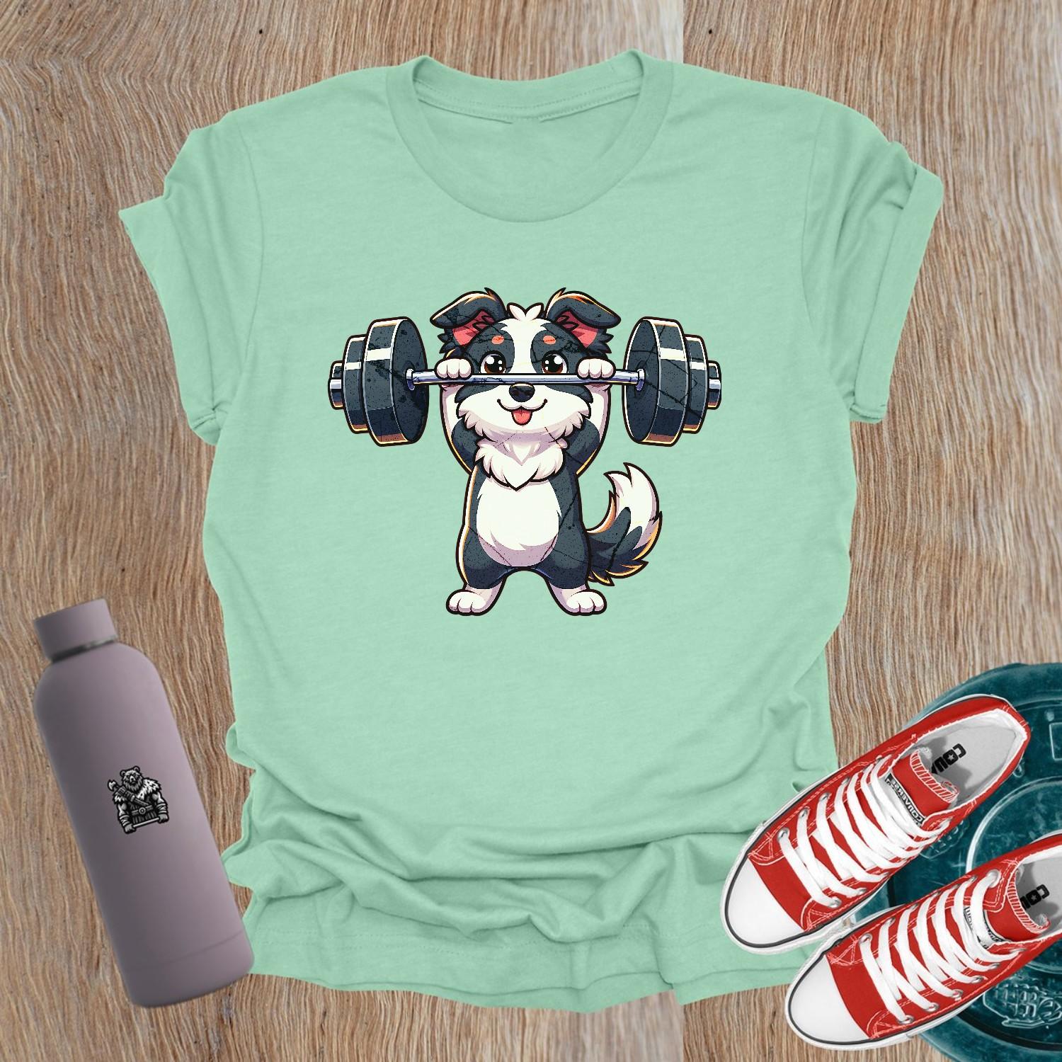 "Adorable 'Lift Like a Pup' T-Shirt featuring a playful dog lifting weights, perfect for women who love fitness and motivation."