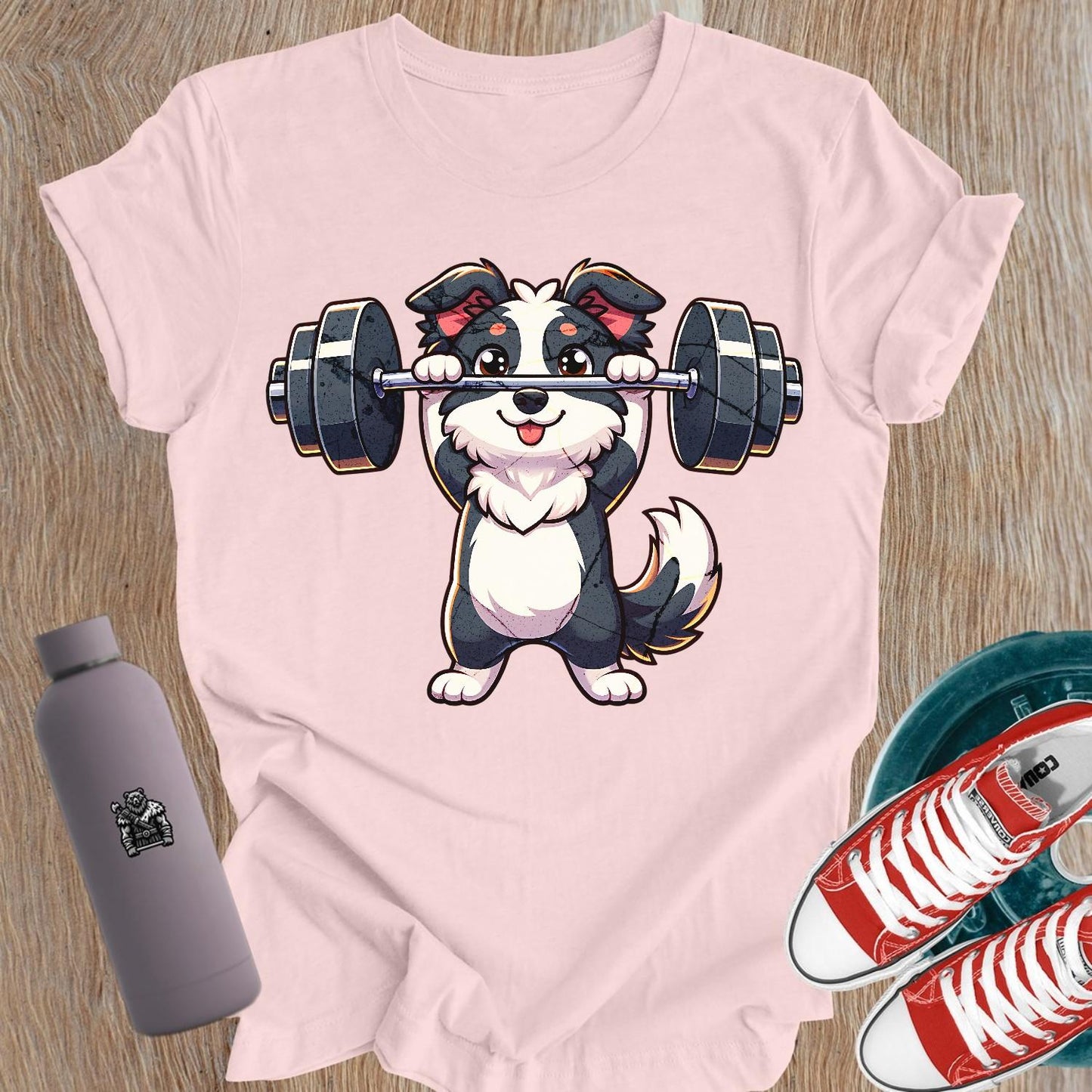 "Adorable 'Lift Like a Pup' T-Shirt featuring a playful dog lifting weights, perfect for women who love fitness and motivation."