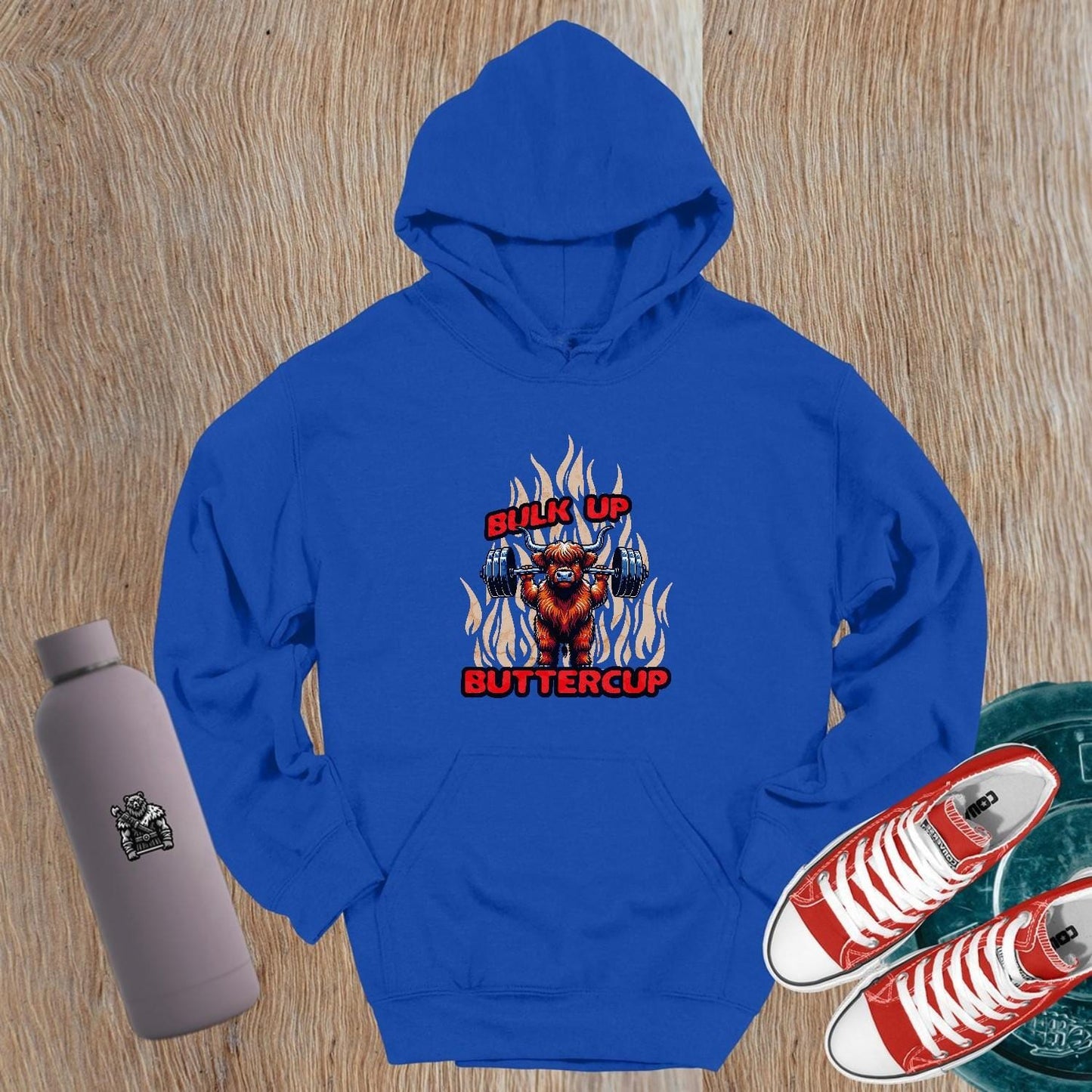 "Bulk Up Buttercup hoodie featuring a bold graphic design showcasing strength and fitness motivation, perfect for gym enthusiasts."