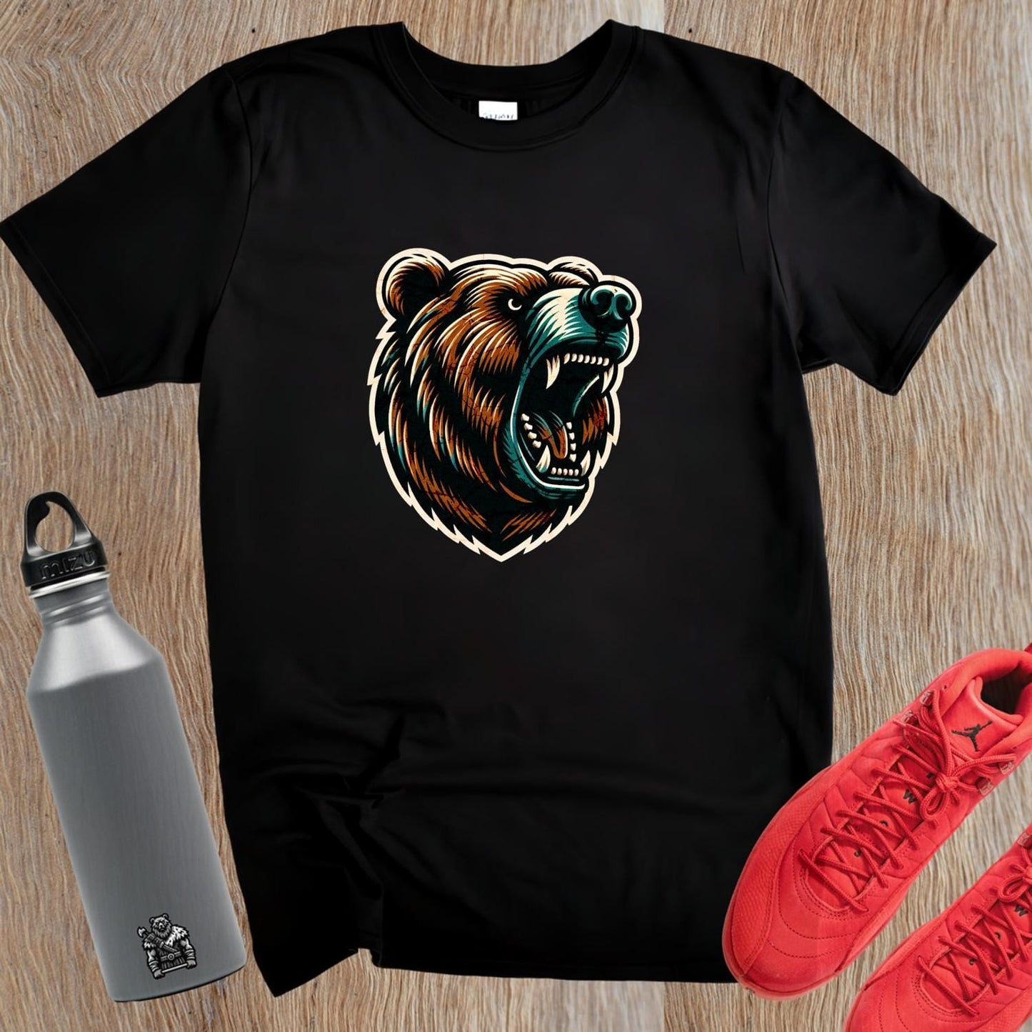 "Fierce bear graphic T-shirt for gym enthusiasts, symbolizing strength, resilience, and determination. Perfect for workouts and casual wear."