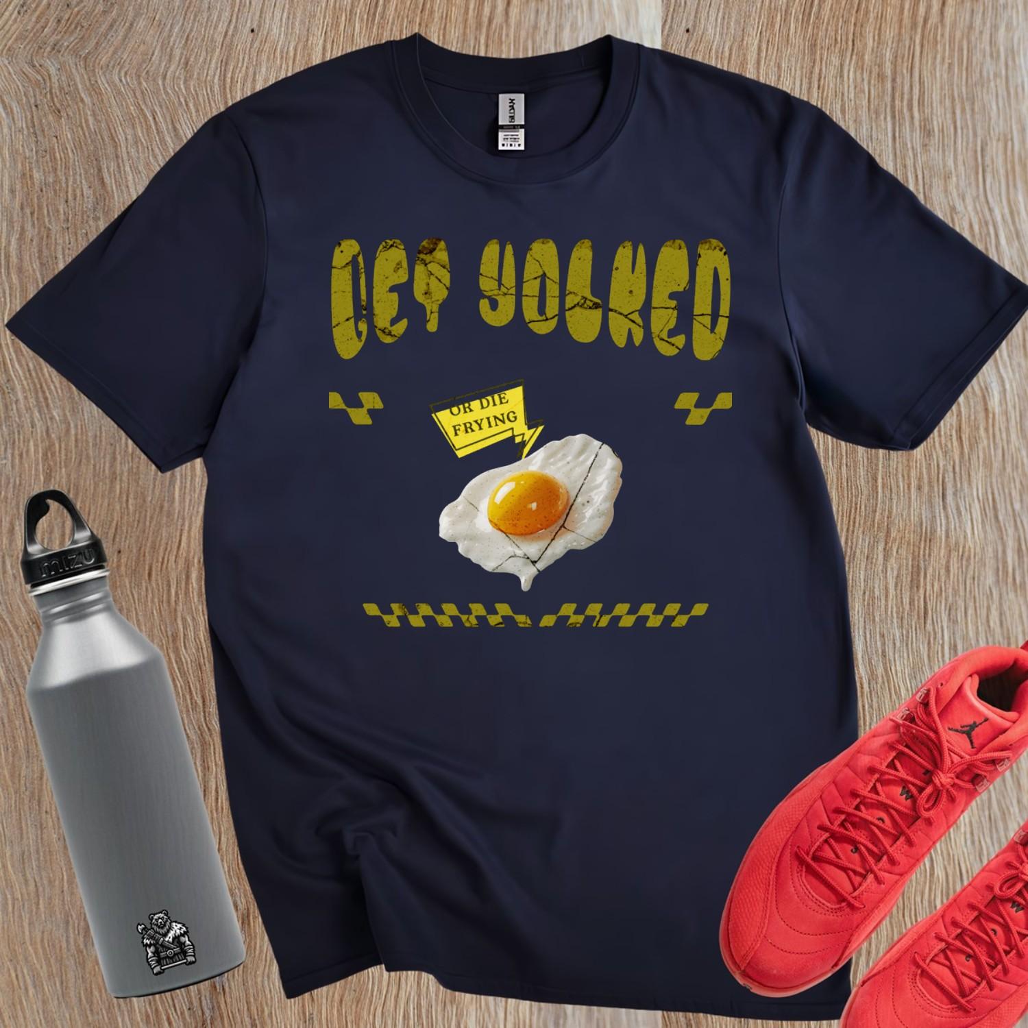 "Bold 'Get Yolked' T-shirt featuring a playful fried egg design, perfect for gym workouts or casual outings. Fitness fashion statement."