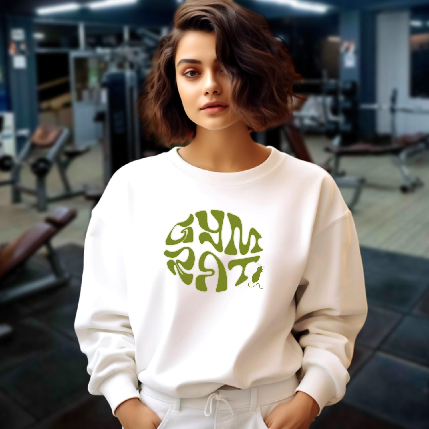 "Graphic gym crewneck sweatshirt featuring bold 'Gym Rat' design, perfect for fitness enthusiasts, blending style and comfort for workouts."