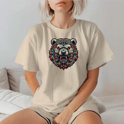 Alt text: "Intricately detailed Bear Emblem graphic on a bold gym T-shirt, symbolizing strength and determination for fitness enthusiasts."