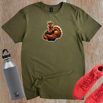 "Muscular turkey graphic on a bold workout T-shirt, blending humor and fitness, perfect for gym lovers wanting unique style."