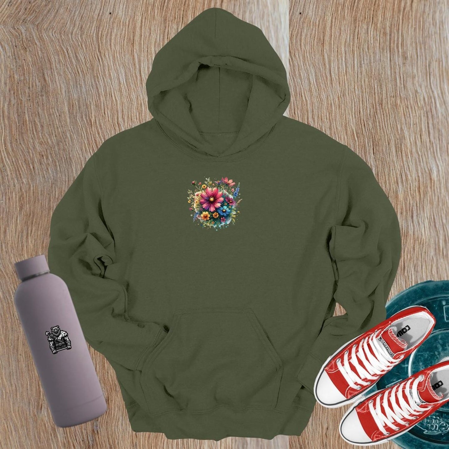 "Vibrant flower-patterned hoodie for gym and casual wear, showcasing a stunning floral design, perfect for workouts and style."