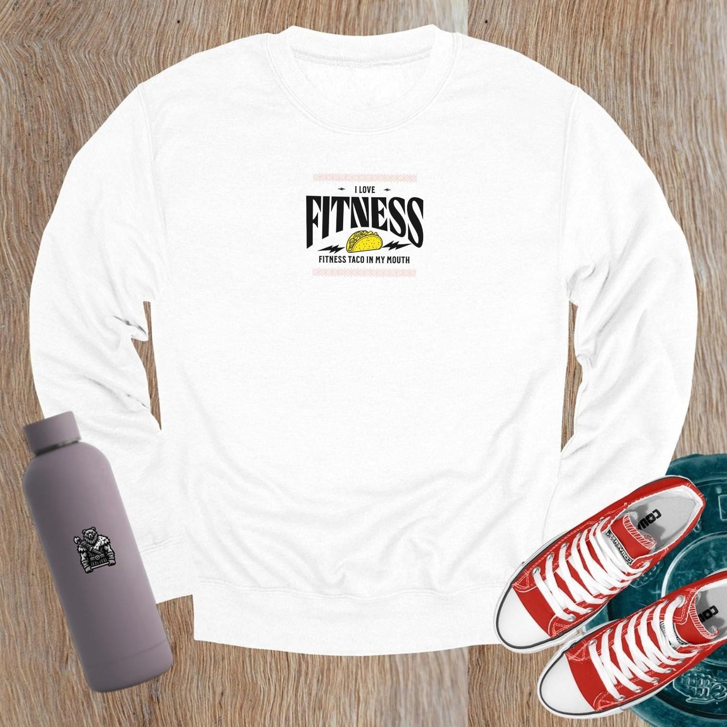 "Vibrant Taco Sweatshirt featuring a playful taco graphic, ideal for gym sessions and casual lounging. Fits all body types."