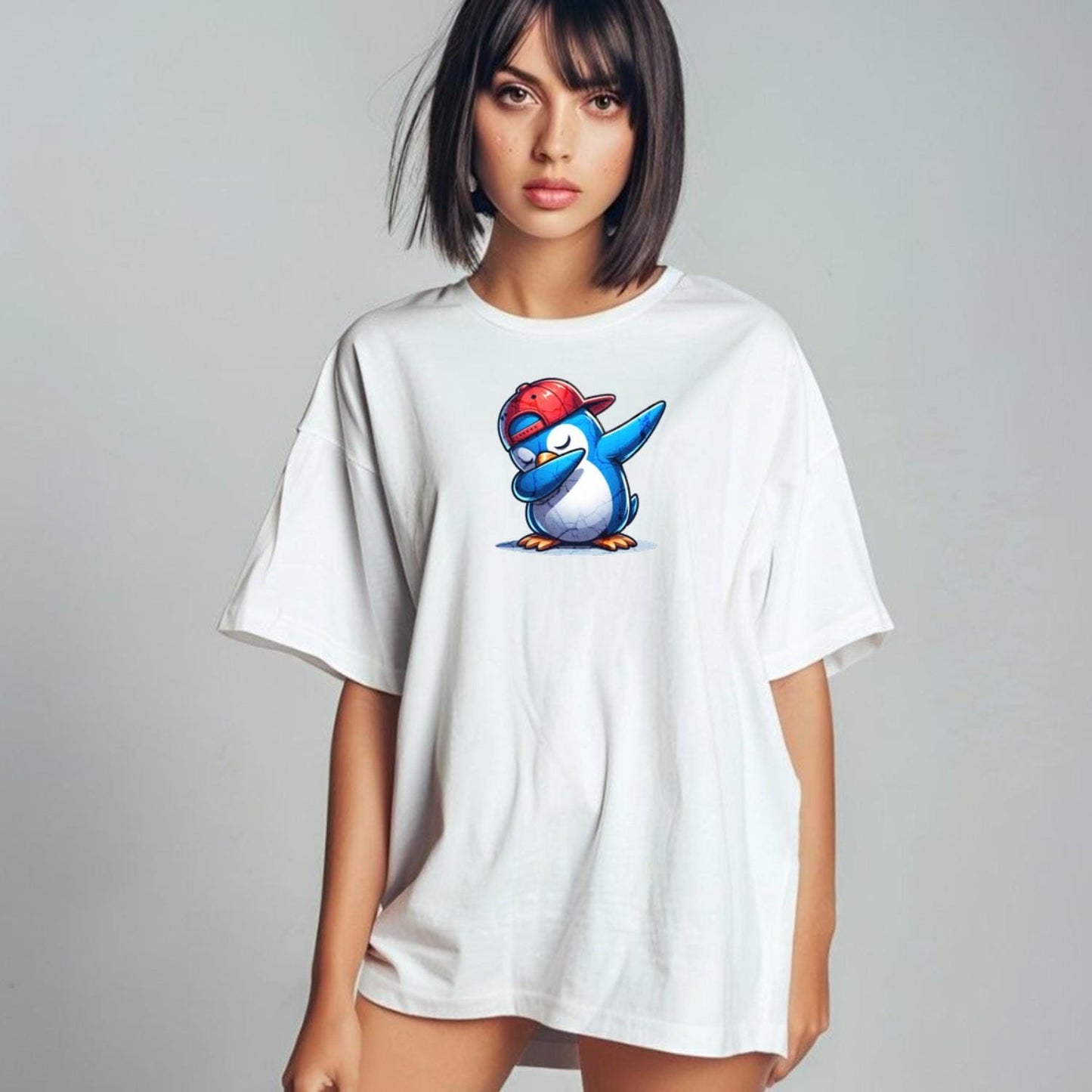"Vibrant penguin-themed gym tee featuring a cartoon penguin in a snapback, perfect for fun workouts and casual outings."