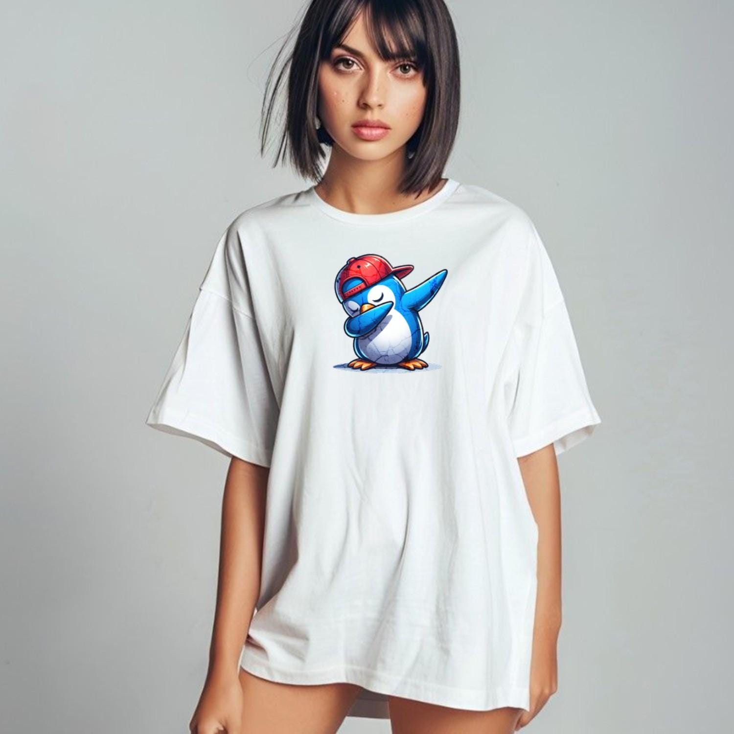 "Vibrant penguin-themed gym tee featuring a cartoon penguin in a snapback, perfect for fun workouts and casual outings."