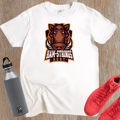 Alt text: "Bold 'Ham-Strings Hurt' gym T-shirt featuring motivating text design for fitness enthusiasts, perfect for intense workout sessions."