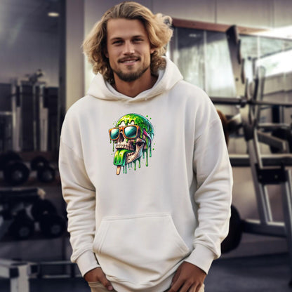 Alt text: "Bold Skull Pop Hoodie featuring a vibrant, dripping skull graphic, perfect for gym workouts and casual hangouts. Edgy design meets ultimate comfort."