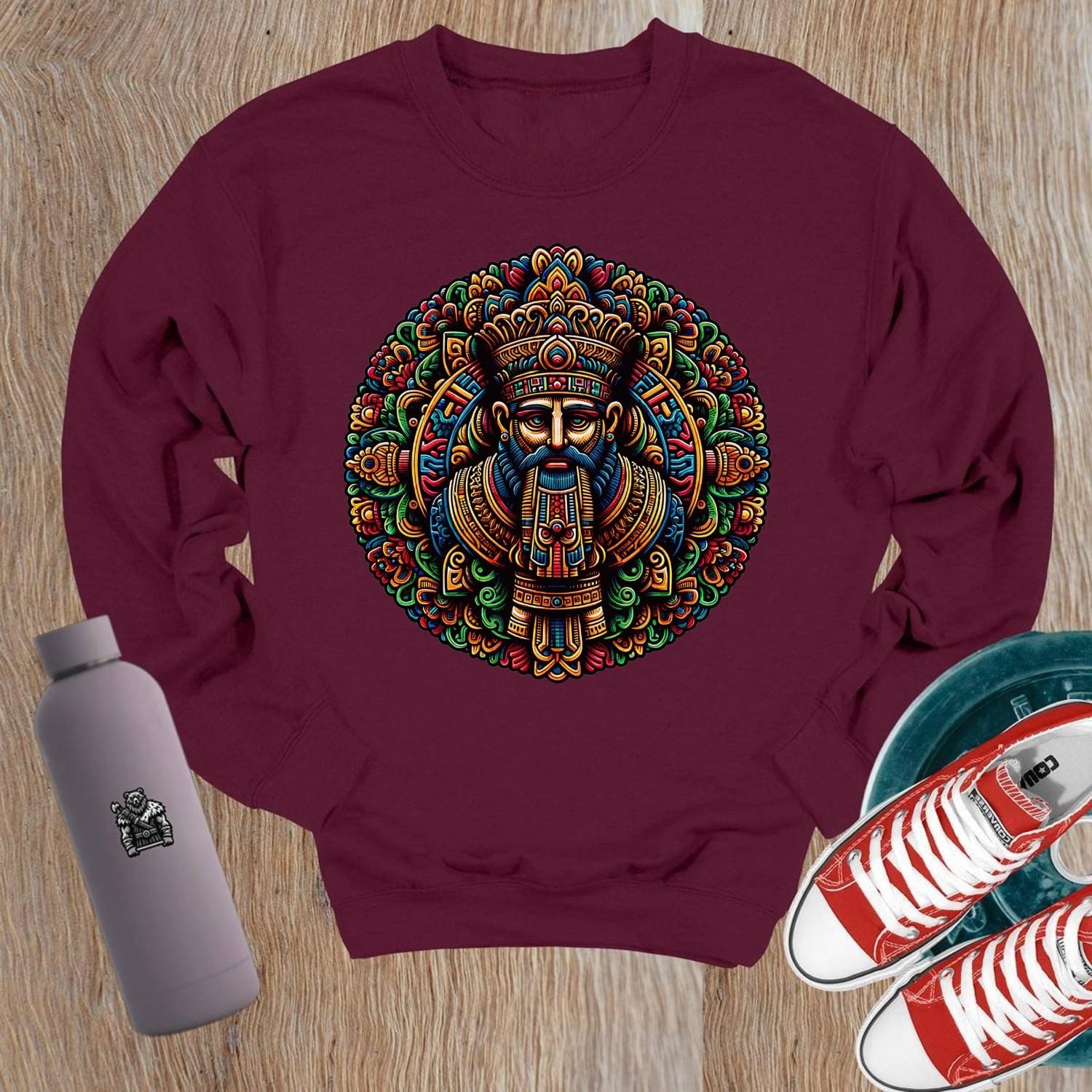 "Vibrant crewneck sweatshirt with dynamic graphic design celebrating strength and resilience, perfect for gym wear and casual outings."