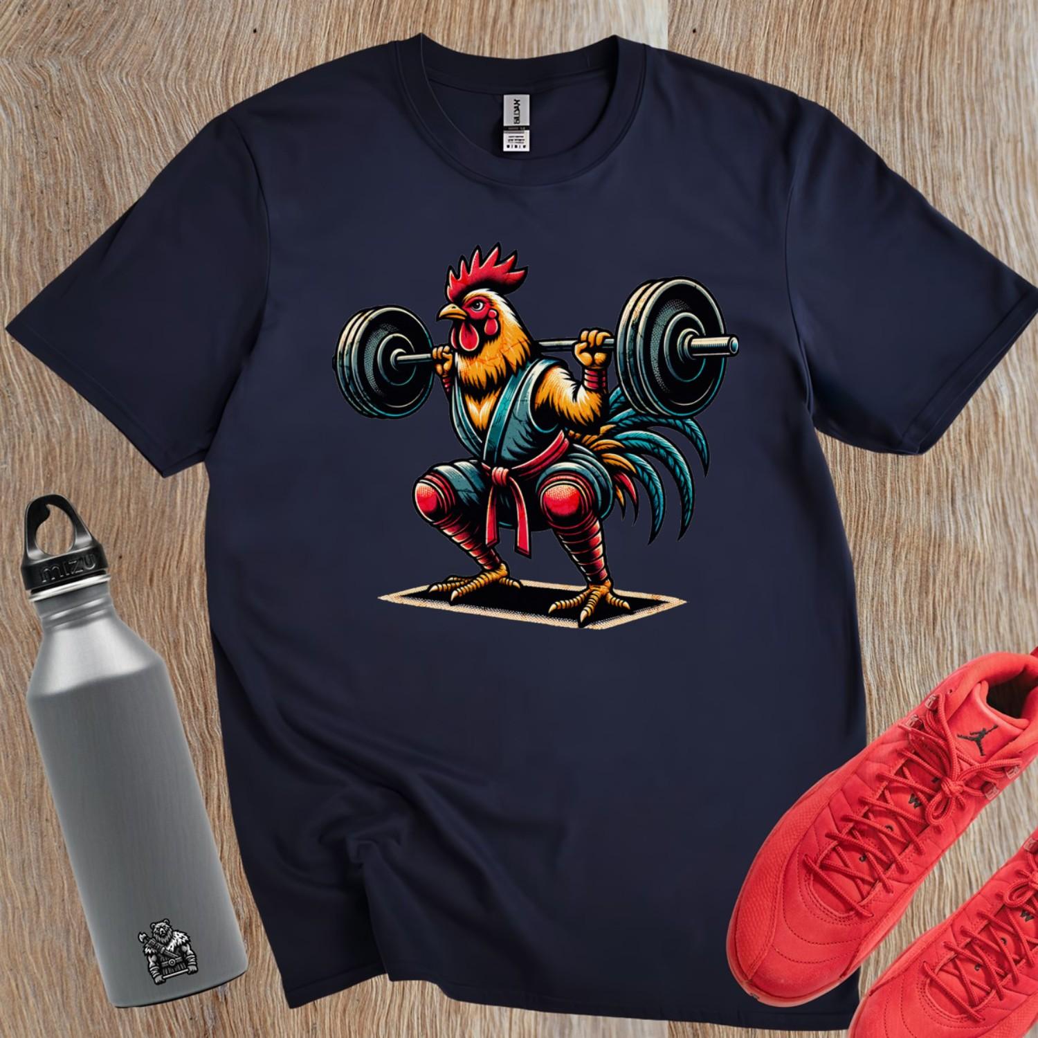 "Colorful gym T-shirt featuring a fierce rooster lifting weights, blending humor and motivation for fitness enthusiasts. 'Squat Like a Chicken' design adds playful flair to workout wear, perfect for workouts or casual outings."