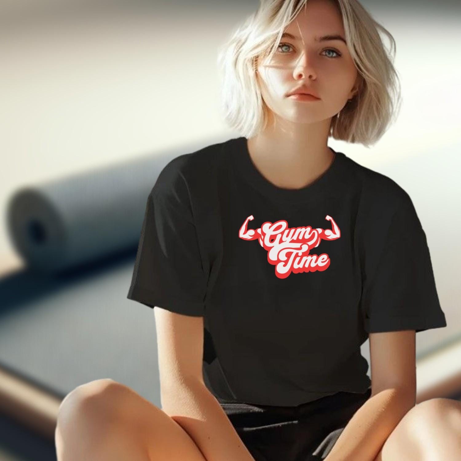 Alt text: "Bold 'Gym Time' T-shirt for fitness enthusiasts, featuring an eye-catching design that symbolizes strength and determination in workouts."