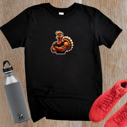 "Muscular turkey graphic on a bold workout T-shirt, blending humor and fitness, perfect for gym lovers wanting unique style."