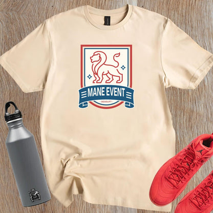 "Bold lion emblem on a 'Mane Event' deadlift T-shirt, symbolizing strength and determination for serious gym enthusiasts."