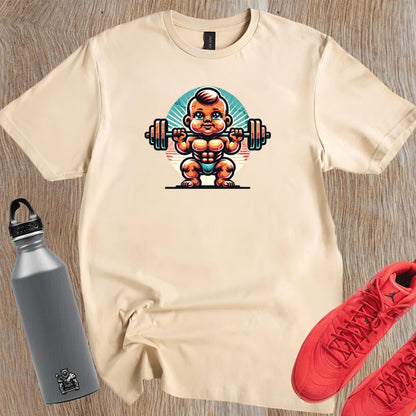 Alt text: "Baby Beast gym T-shirt design featuring a confident baby lifting weights with vibrant colors, perfect for fitness enthusiasts."