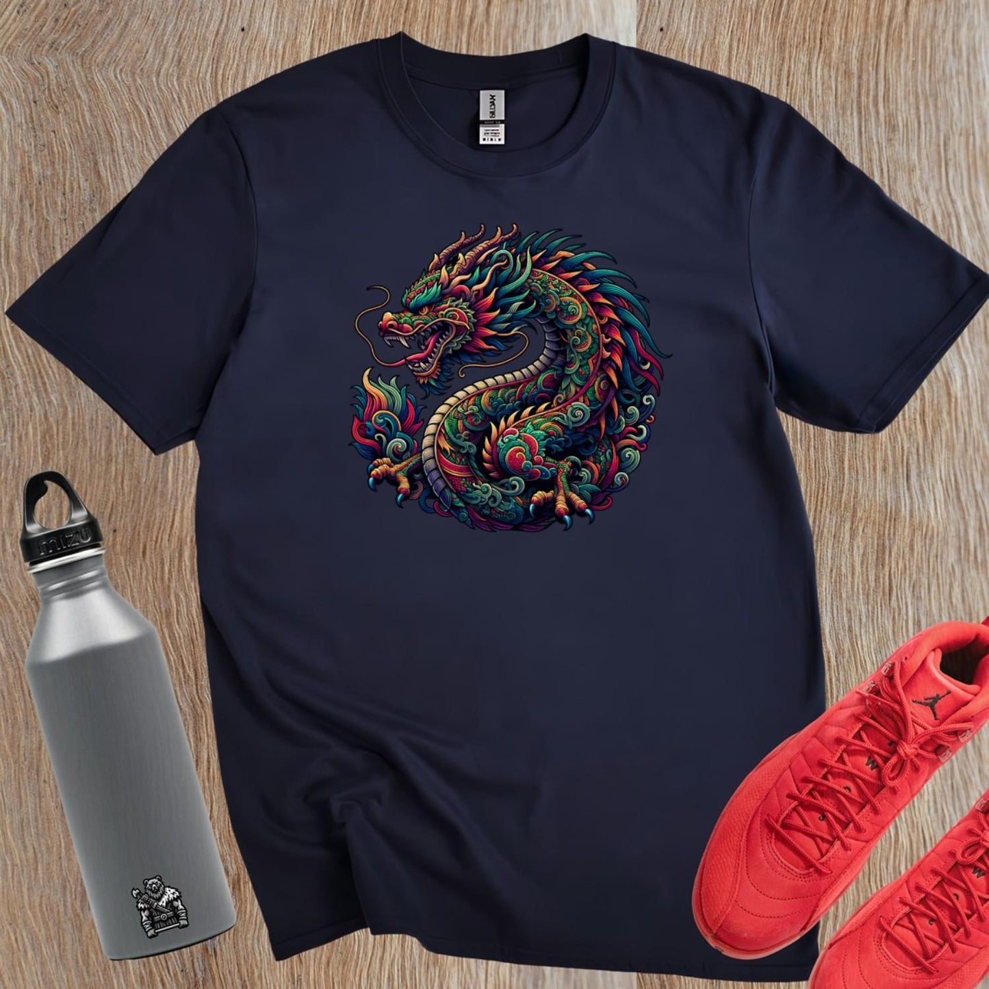 Alt text: "Fierce dragon graphic T-shirt for gym enthusiasts, featuring vibrant colors and intricate details, perfect for workouts and lifting."