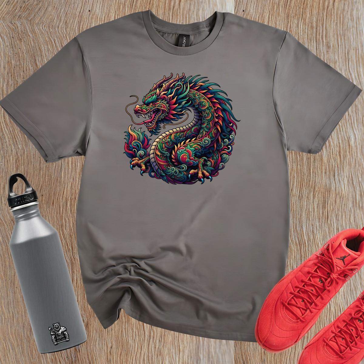 Alt text: "Fierce dragon graphic T-shirt for gym enthusiasts, featuring vibrant colors and intricate details, perfect for workouts and lifting."