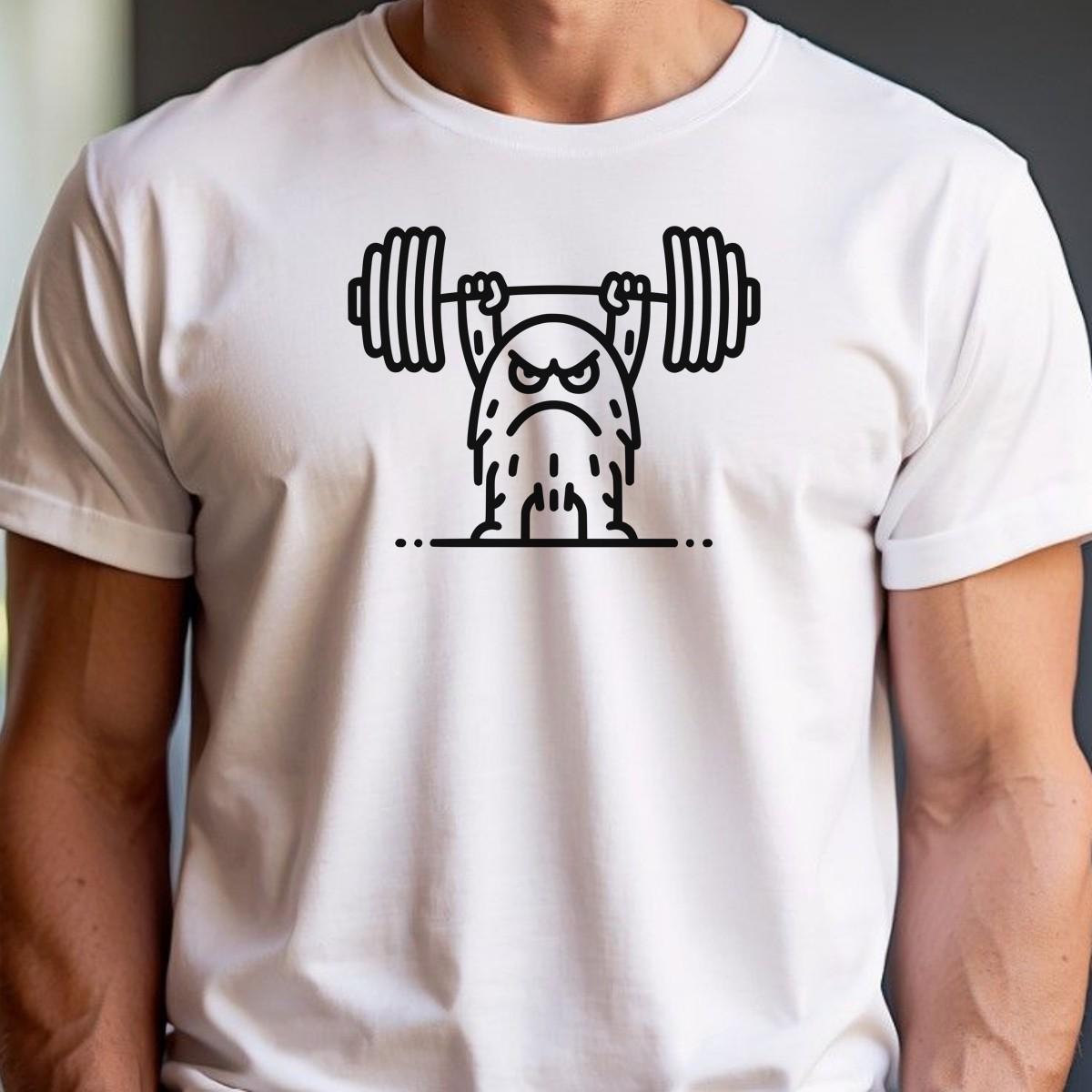 "Graphic T-shirt featuring a fierce creature lifting weights, perfect for gym enthusiasts. Motivational, stylish workout apparel design."