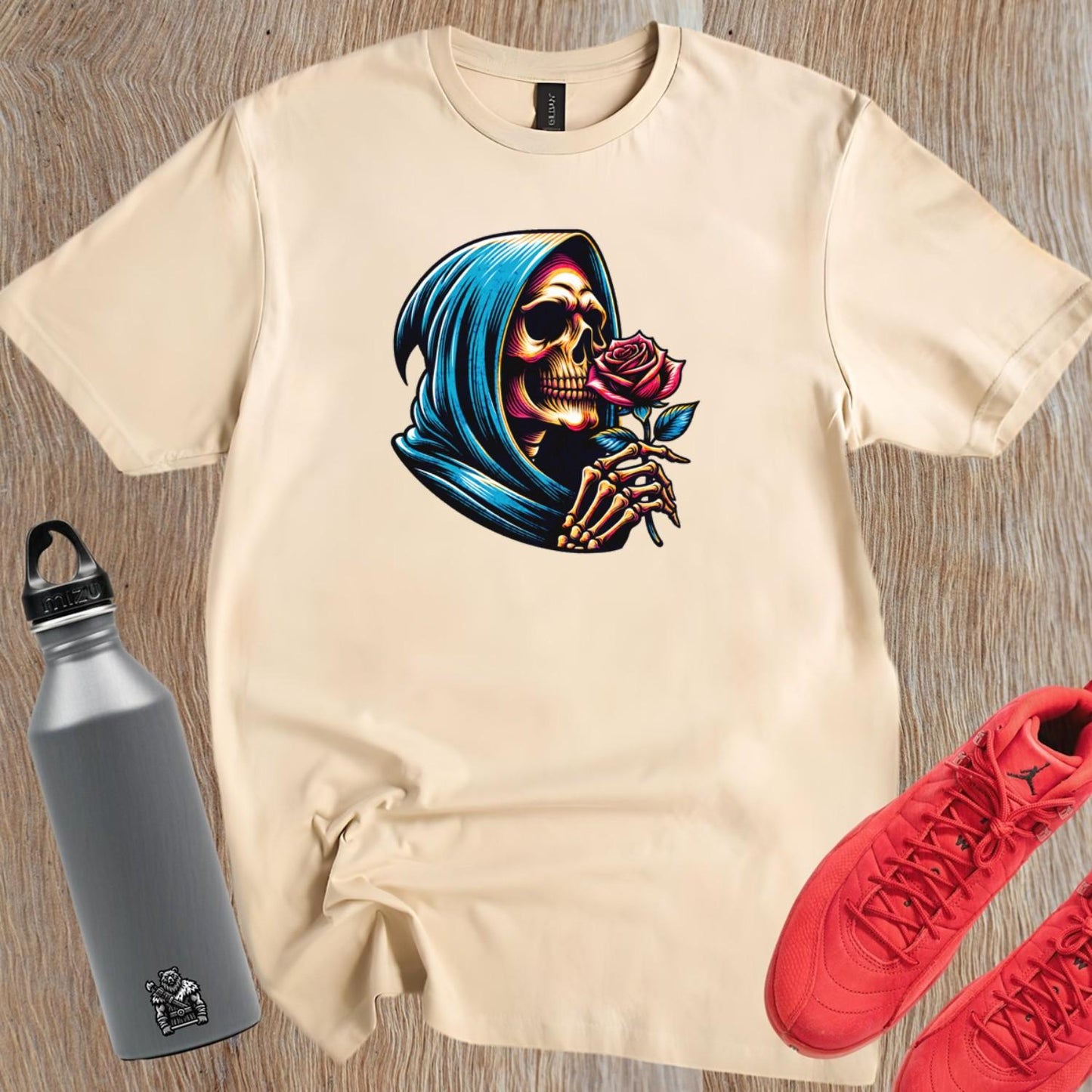 "Edgy gym T-shirt featuring a striking skeleton cradling a rose, combining elegance and strength for bold workout expression."