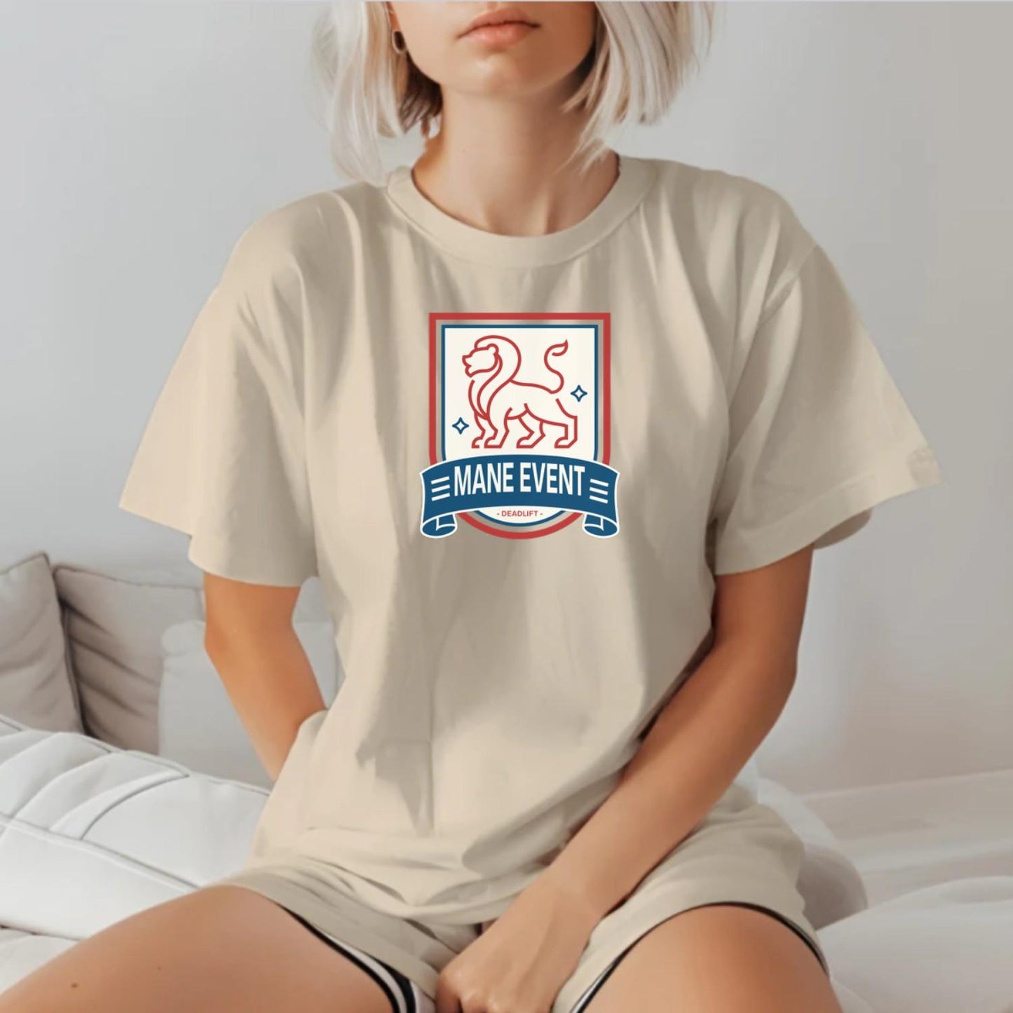 "Bold lion emblem on a 'Mane Event' deadlift T-shirt, symbolizing strength and determination for serious gym enthusiasts."