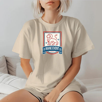 "Bold lion emblem on a 'Mane Event' deadlift T-shirt, symbolizing strength and determination for serious gym enthusiasts."