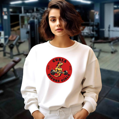 Alt text: "Bold gym crewneck sweatshirt featuring a muscular lizard lifting weights with 'Curls Before Girls' slogan. Perfect for fitness enthusiasts."