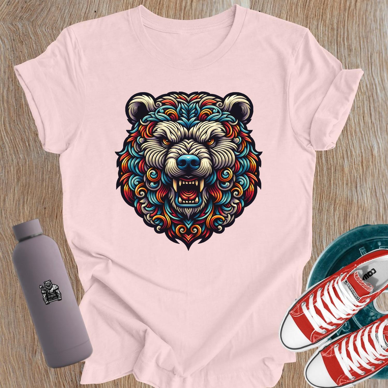 "Fierce Bear Gym T-Shirt for women, featuring an intricate bear graphic symbolizing strength, resilience, and empowerment for lifters."