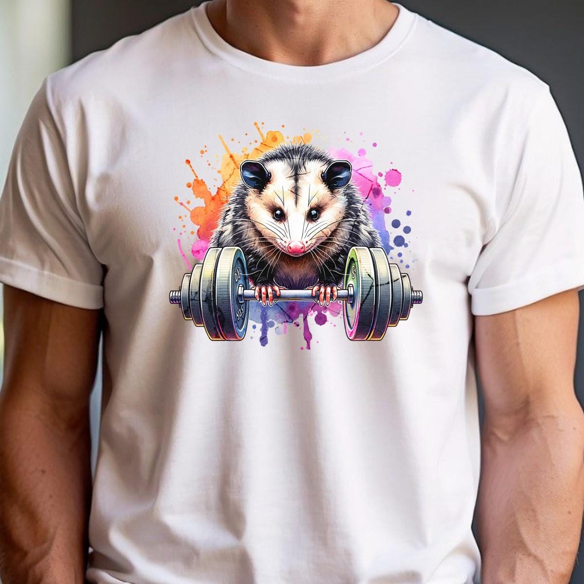 "Vibrant gym T-shirt featuring a fierce possum lifting weights, embodying strength and determination for fitness enthusiasts."