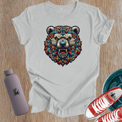 "Fierce Bear Gym T-Shirt for women, featuring an intricate bear graphic symbolizing strength, resilience, and empowerment for lifters."