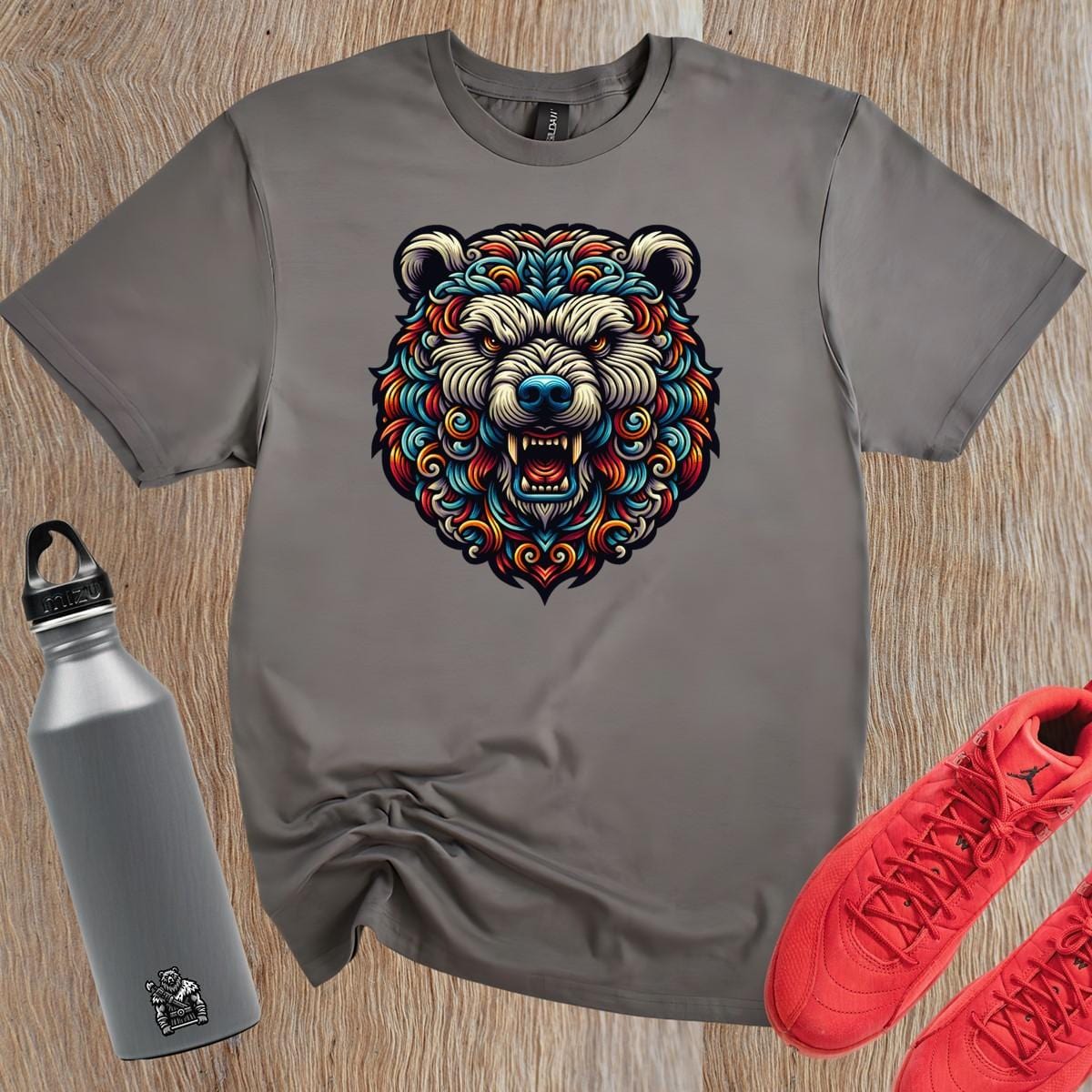 "Bold bear graphic T-shirt for gym enthusiasts, symbolizing strength and resilience. Perfect for workouts and casual wear."