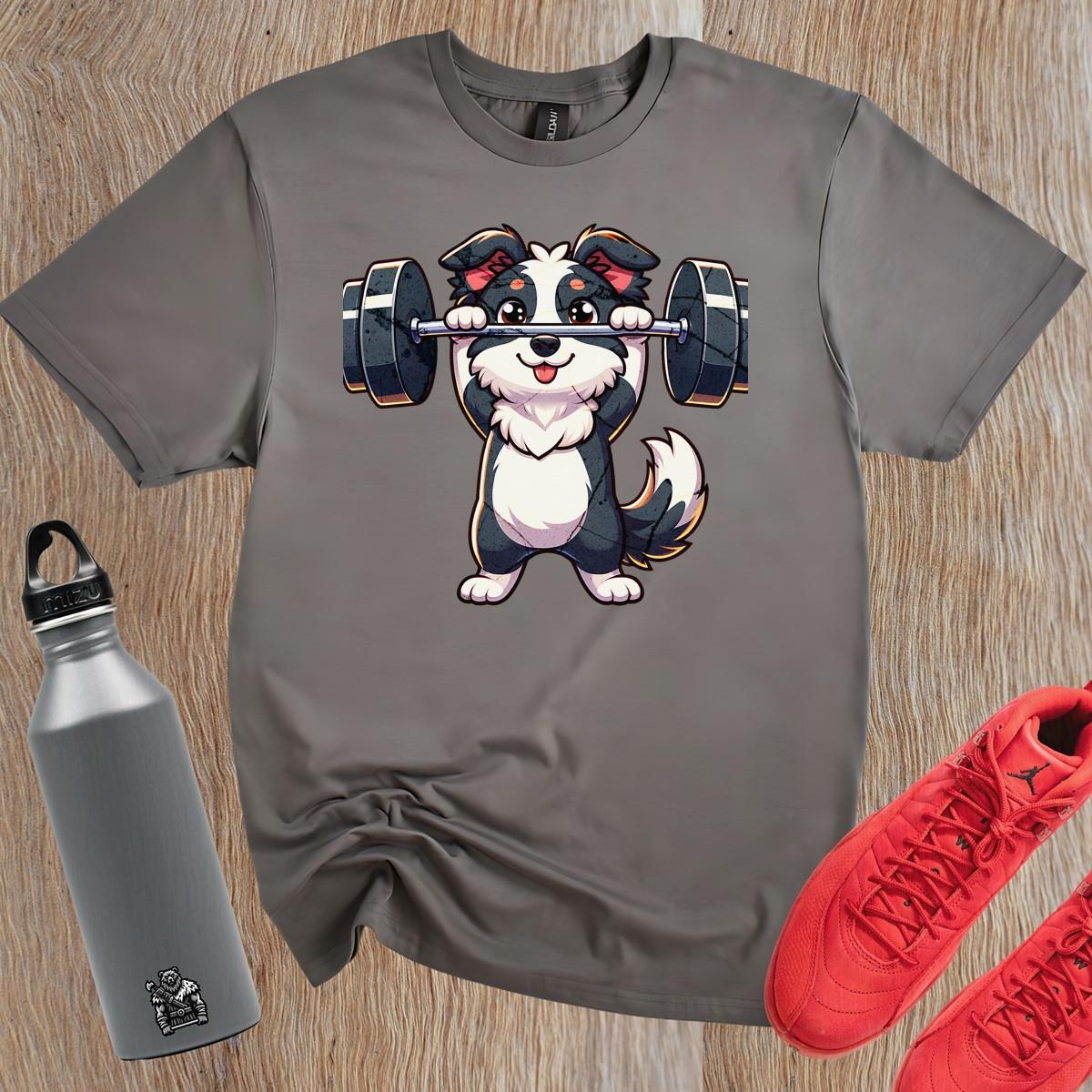 "Playful gym T-shirt with a cute pup lifting weights, vibrant design for fitness lovers, perfect for workouts and casual outings."