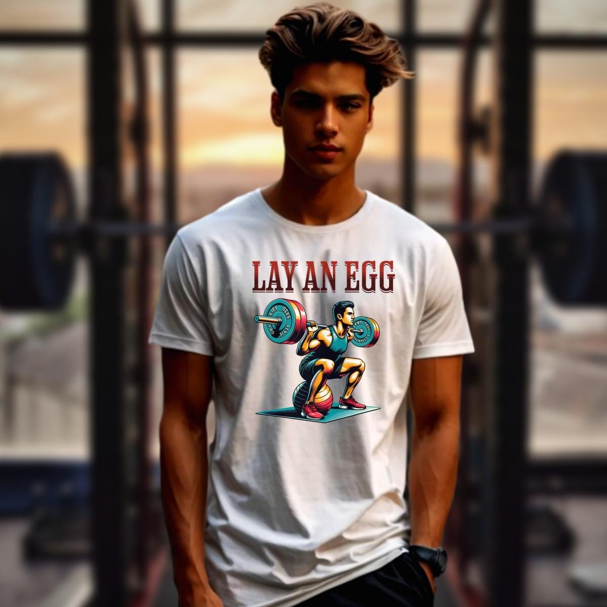 Alt text: "Bold gym T-shirt featuring a dynamic lifter in action; perfect for fitness enthusiasts. Motivational design for workouts."