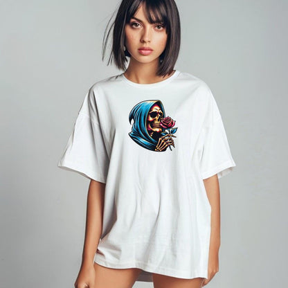 "Edgy gym T-shirt featuring a striking skeleton cradling a rose, combining elegance and strength for bold workout expression."