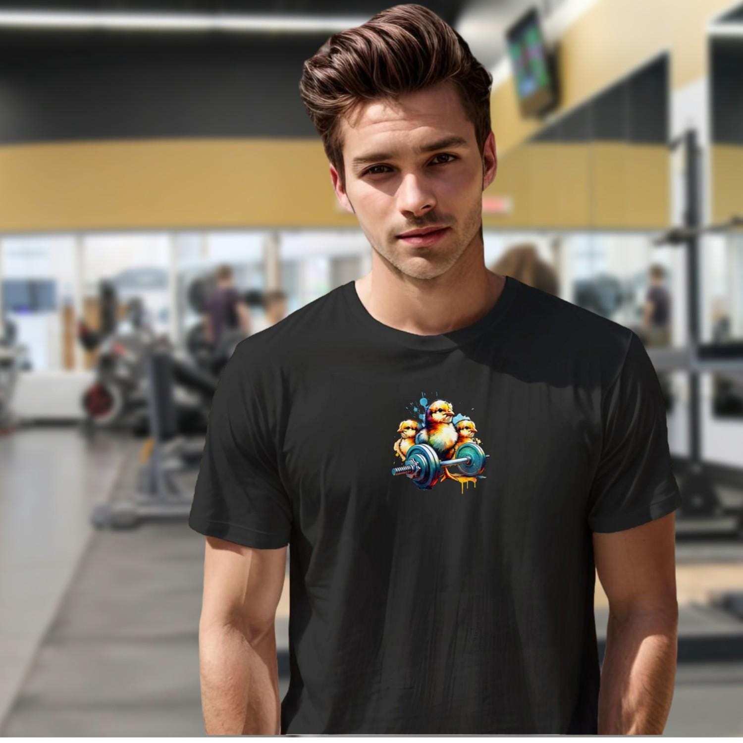 "Vibrant gym T-shirt featuring playful chicks lifting weights, showcasing a fun design for fitness enthusiasts. Perfect for workouts!"