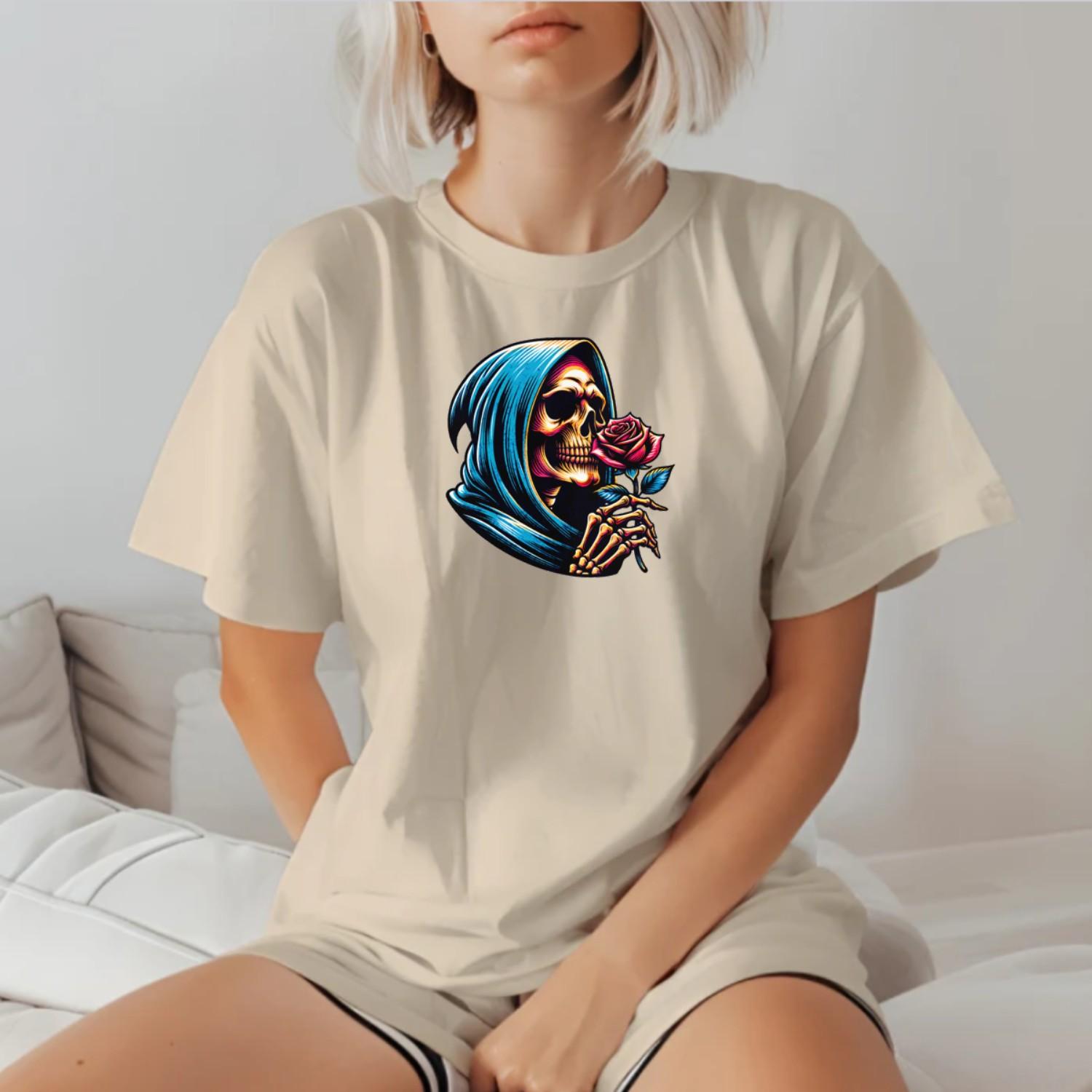 "Edgy gym T-shirt featuring a striking skeleton cradling a rose, combining elegance and strength for bold workout expression."