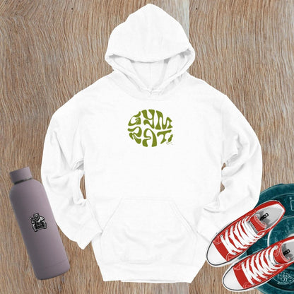 "Bold 'Gym Rat' graphic hoodie for fitness enthusiasts, showcasing stylish design and relaxed fit for workouts and casual wear."