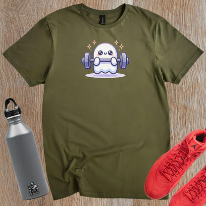 "Playful ghost lifting weights design on gym T-shirt, blending fitness motivation with whimsical charm for workout and casual wear."
