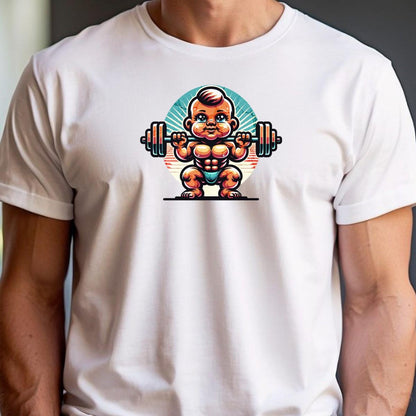 Alt text: "Baby Beast gym T-shirt design featuring a confident baby lifting weights with vibrant colors, perfect for fitness enthusiasts."