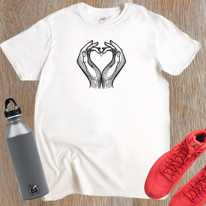 "Heart Hands T-Shirt featuring a bold heart design created by two hands, perfect for gym workouts and casual fitness wear."
