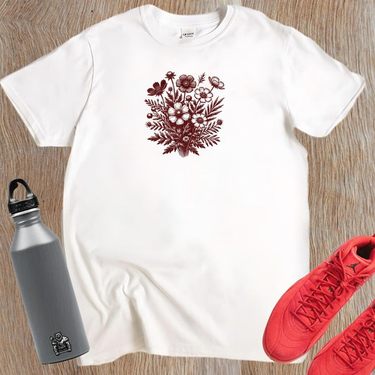 "Floral gym T-shirt featuring vibrant blooms on a sleek black background, perfect for workouts or casual outings. Stylish fitness wear."