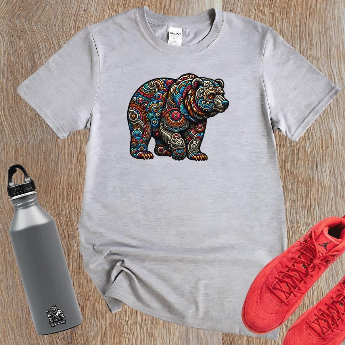 Alt text: "Vibrant Bear Gym T-Shirt featuring an artistic bear design symbolizing strength and resilience, ideal for workouts and fitness enthusiasts."