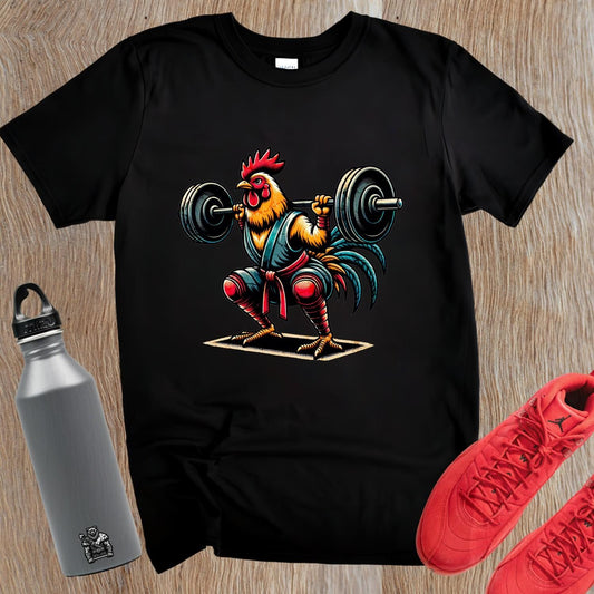 "Colorful gym T-shirt featuring a fierce rooster lifting weights, blending humor and motivation for fitness enthusiasts. 'Squat Like a Chicken' design adds playful flair to workout wear, perfect for workouts or casual outings."