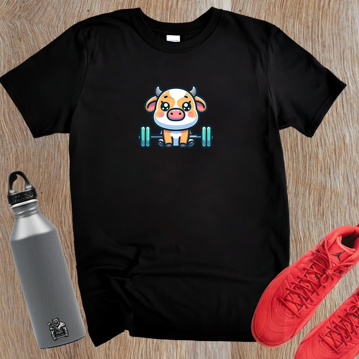 "Adorable gym T-shirt design featuring a playful weightlifting cow, perfect for workouts and leisure. Unique fitness apparel for fun."