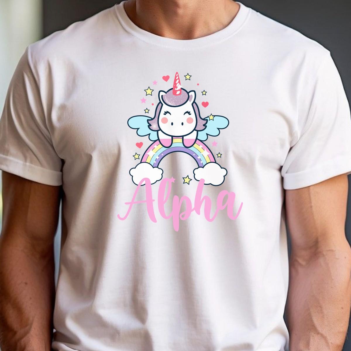 "Colorful Alpha T-shirt featuring a cute unicorn, rainbows, and sparkling stars, perfect for gym workouts and showcasing individuality."