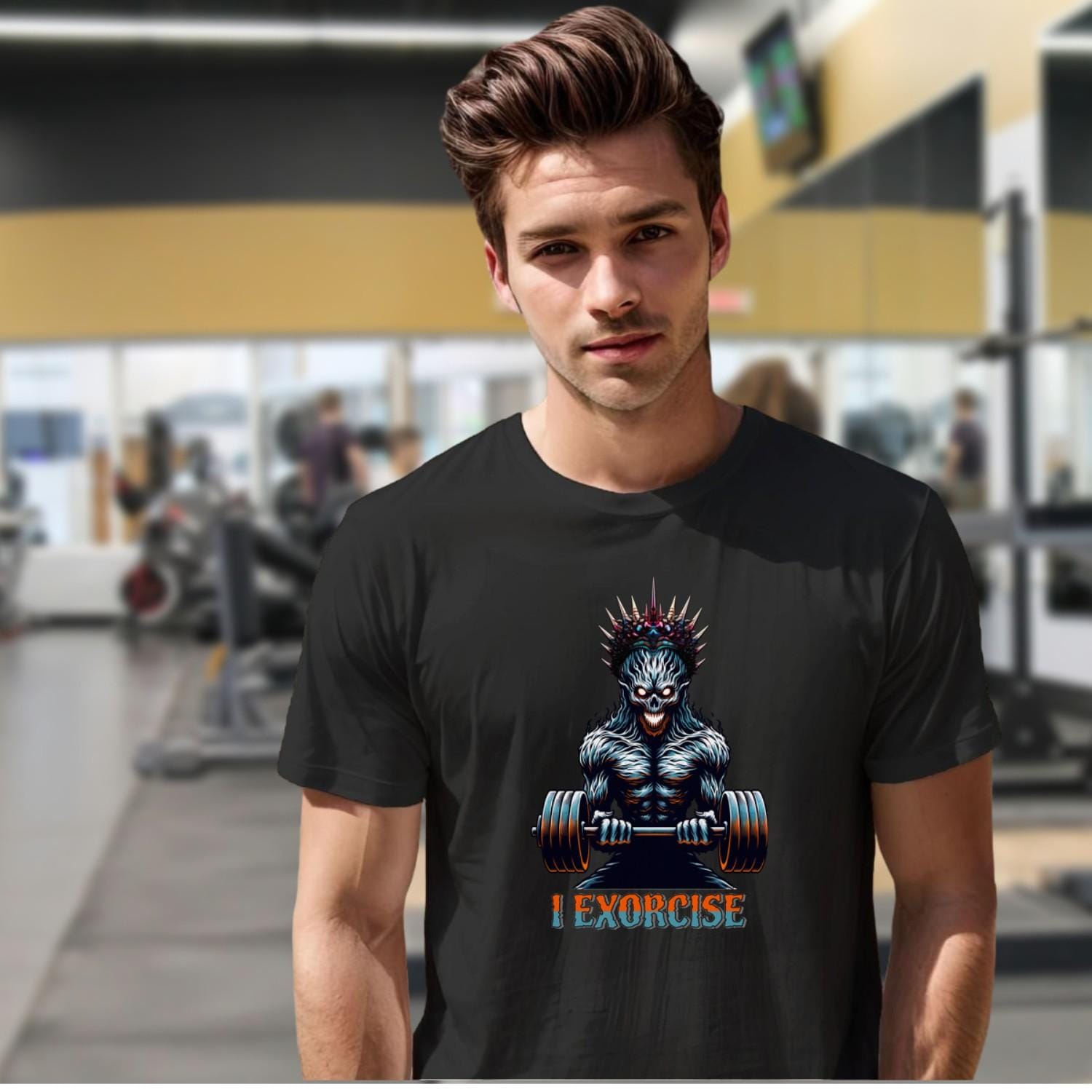 Alt text: "Bold 'I Exorcise' t-shirt featuring a fierce skeletal creature lifting weights, perfect for gym enthusiasts and fitness lovers."
