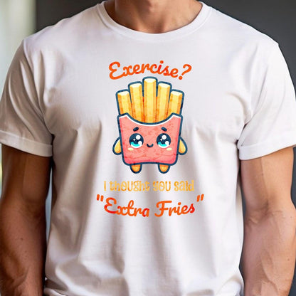 Humorous gym T-shirt featuring "Exercise? I thought you said 'Extra Fries'" graphic, perfect for fitness lovers who enjoy snacks.