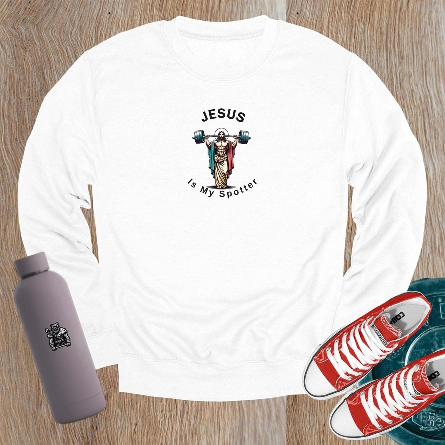 "Bold gym crewneck sweatshirt showcasing a striking design blending strength and style, perfect for workouts or casual wear."