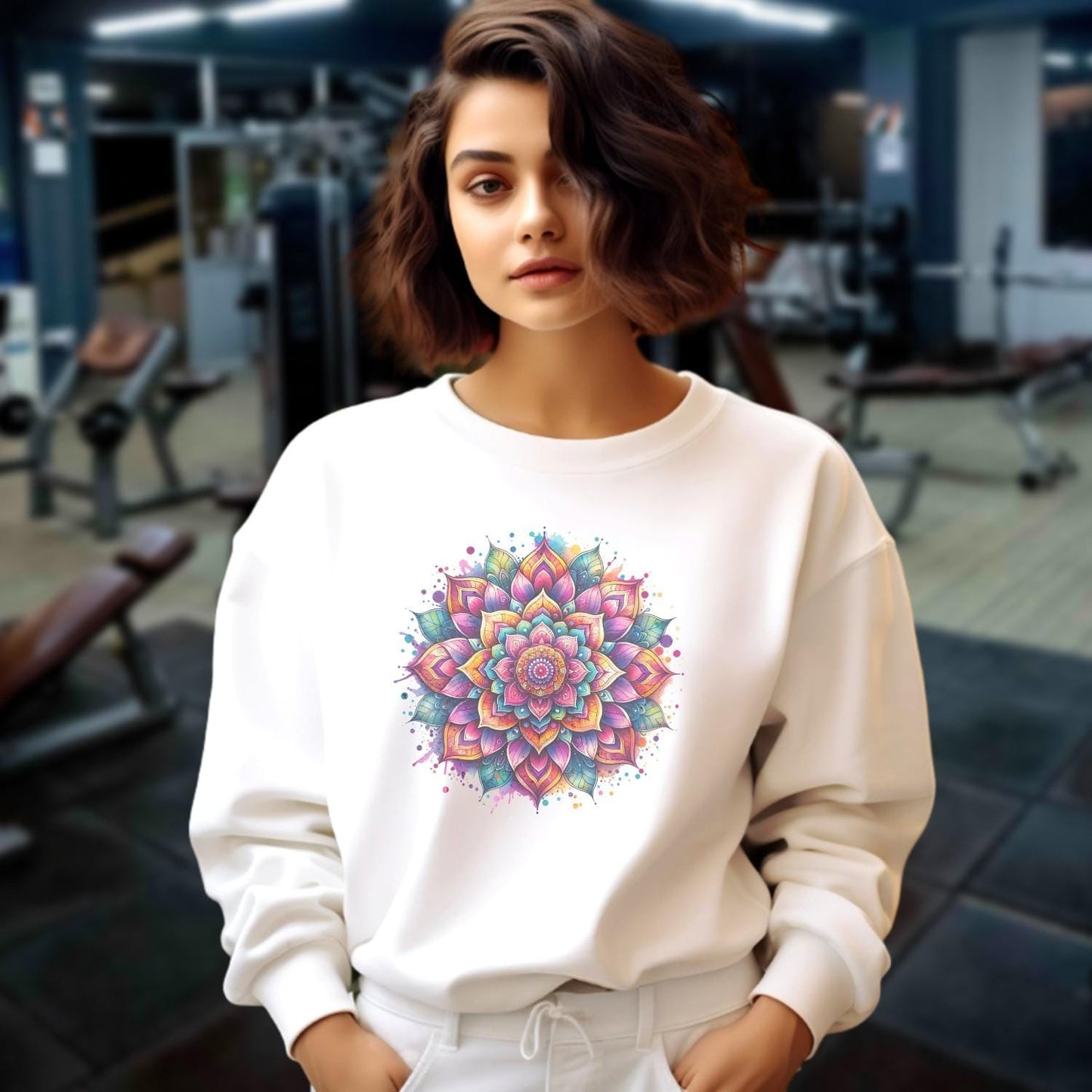 "Vibrant gym sweatshirt featuring a stunning mandala design, perfect for workouts or casual wear, inspiring positivity and individuality."
